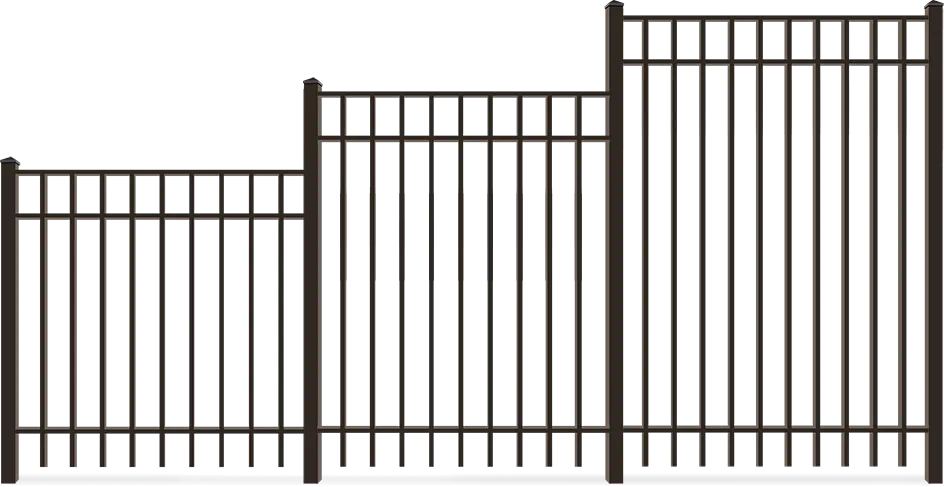 Black aluminum fence panels shown at 4, 5 and 6 ft heights